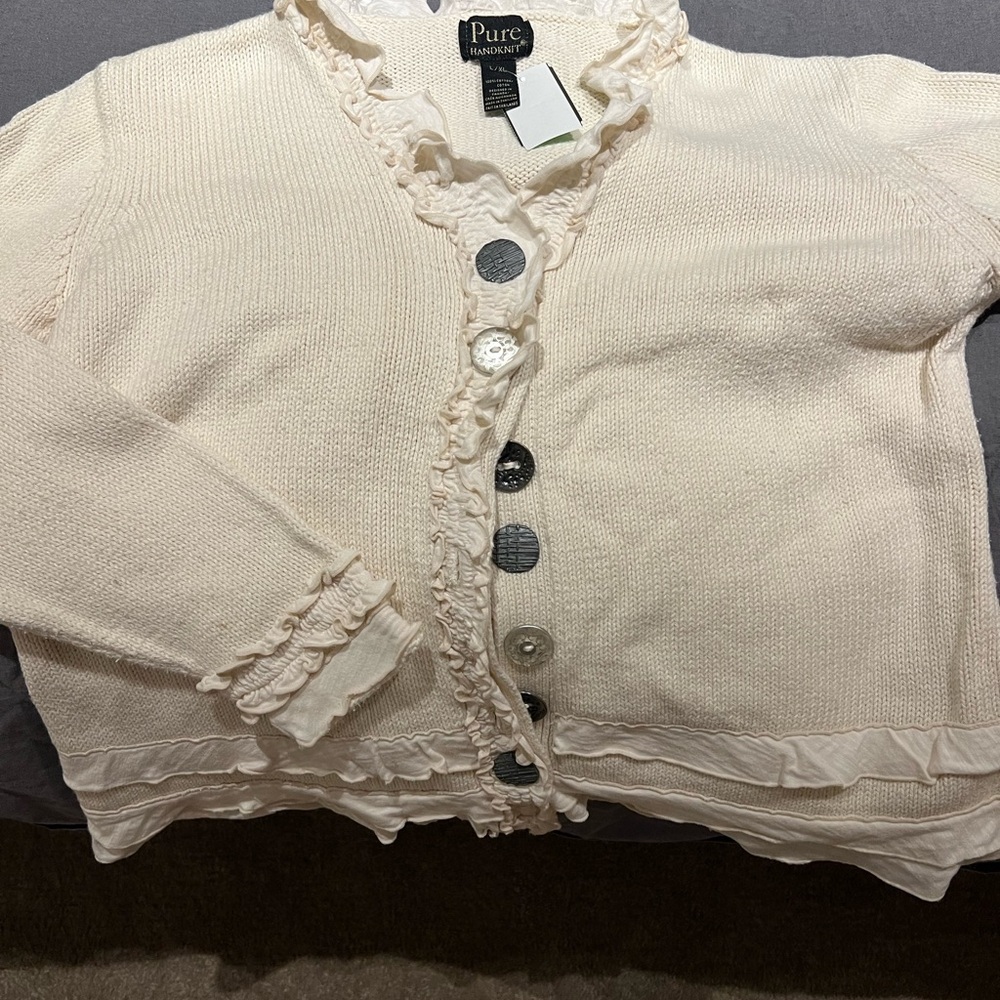 Pure Handknit Boho Cream Cardigan with Art Buttons and Ruffle Trim cotton large